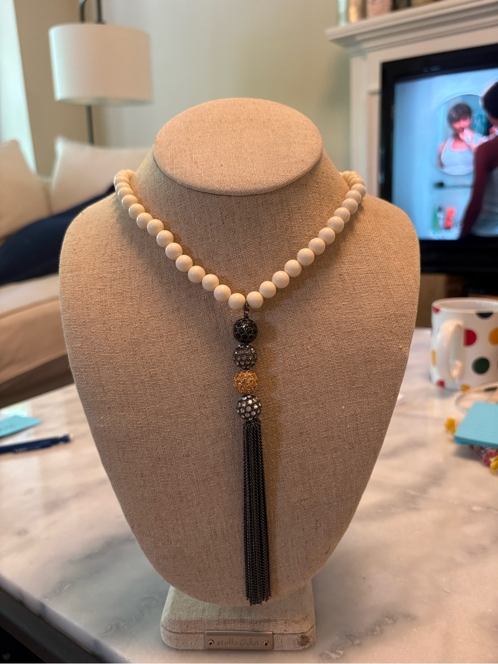 Stella & Dot Cream Bead Necklace with Gold and Black Tassel Accents